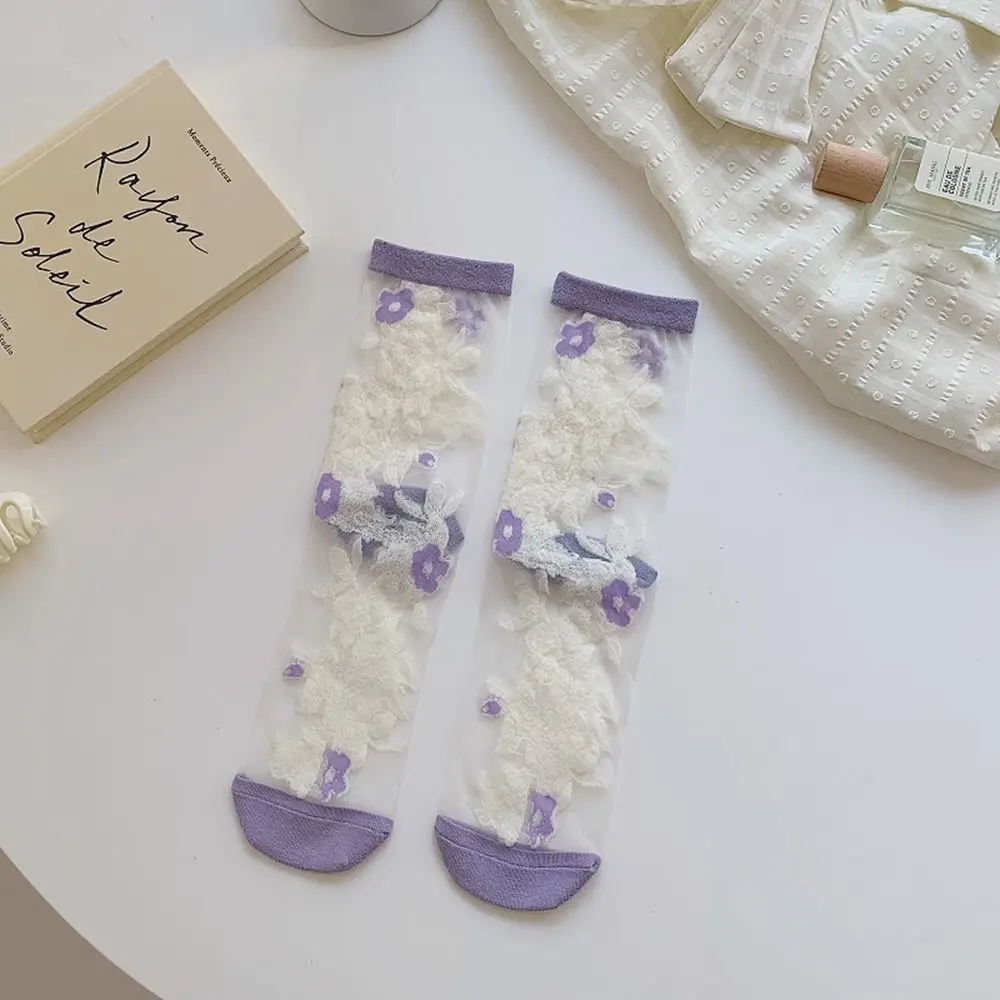 

Transparent Ultra-thin Embroidery Crystal Silk Socks Summer Korean Floral Hosiery Middle Tube Socks Flower Socks Women's Socks