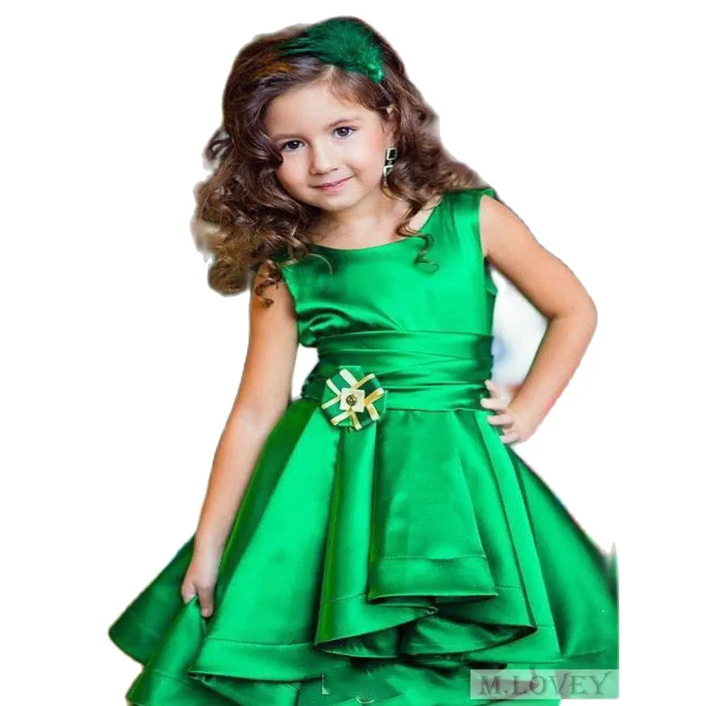 

Satin Emerald Green Kids Girls Pageant Dresses Party Dress with Crew Neck High Low Girls Formal Dress