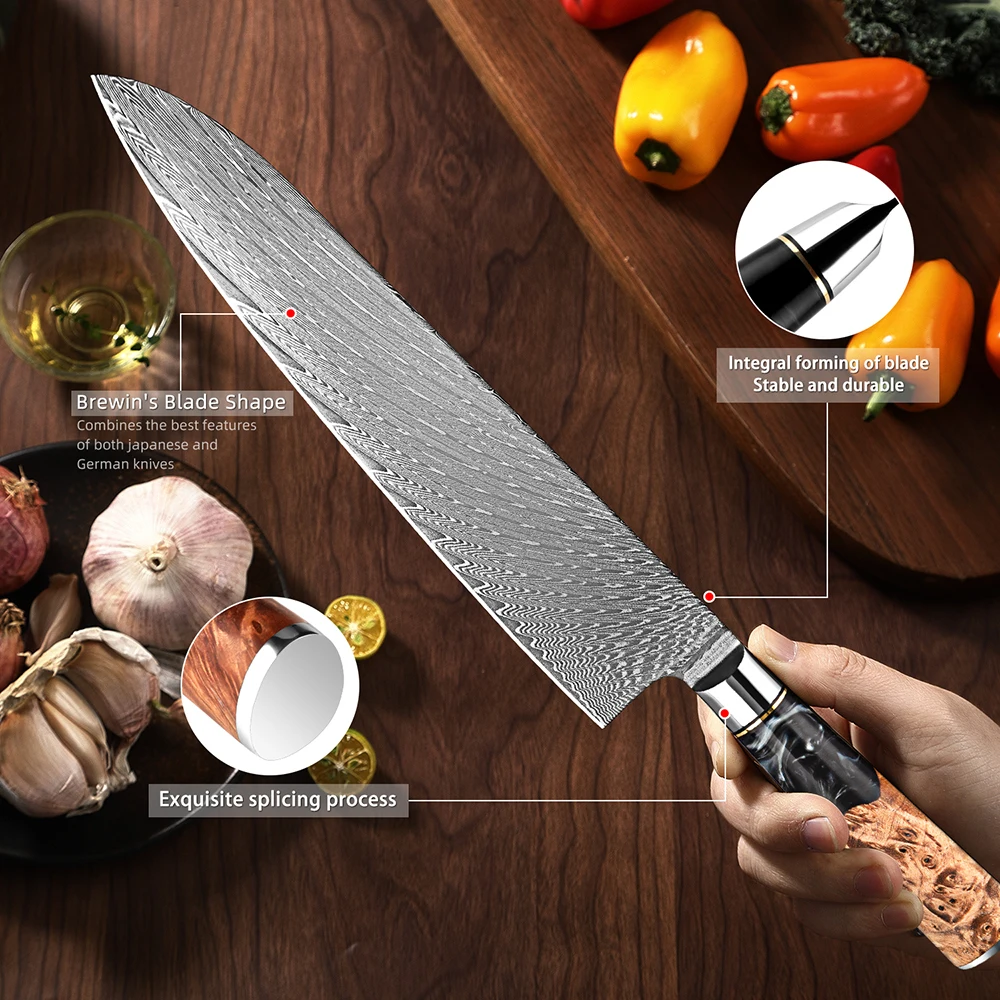 Damascus Chef Knife,9 Inch Japanese VG10 Steel Kitchen Knife,Ultra Sharp Gyuto Knife Ergonomic Handle for Kitchen and Restaurant