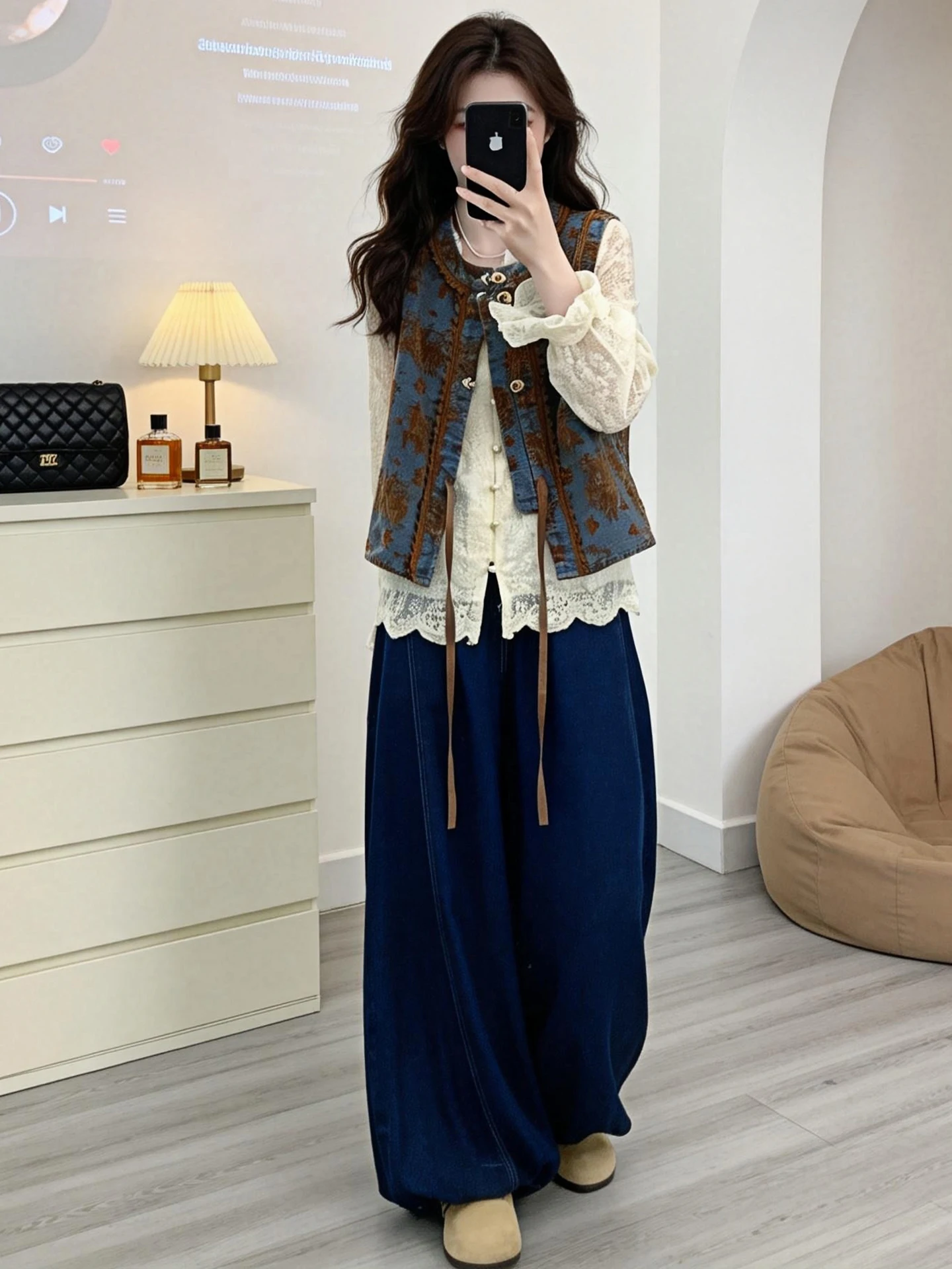 

Artistic Heavy Embroidery Denim Shirt Collared Wide Leg Lantern Pants Three Piece Set Spring Autumn Women's Fashion Ensemble