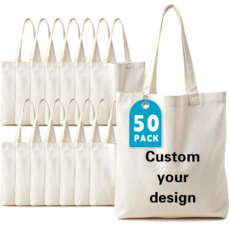 

50pcs Wholesale Custom Printed Canvas Tote Bags Eco-friendly Promotional Bag Corporate Gifts Events Retail Branding Logo Print