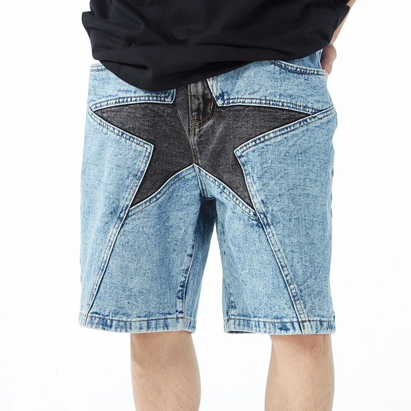 Summer Denim Shorts Men's Hip Hop Patchwork Oversized Retro Star Stitching Embroidered Jeans Loose