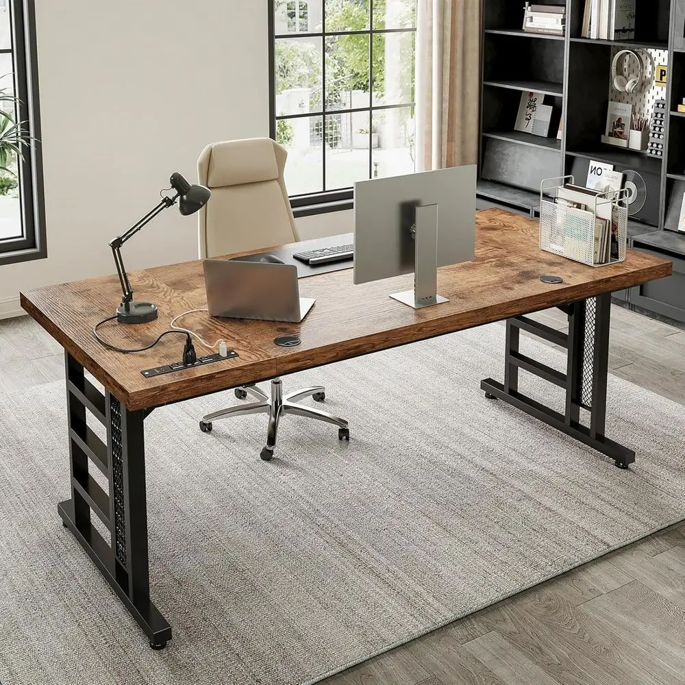 

71 Large Modern Office Desk with USB Ports, Thick Vintage Style Workstation for Home or Business