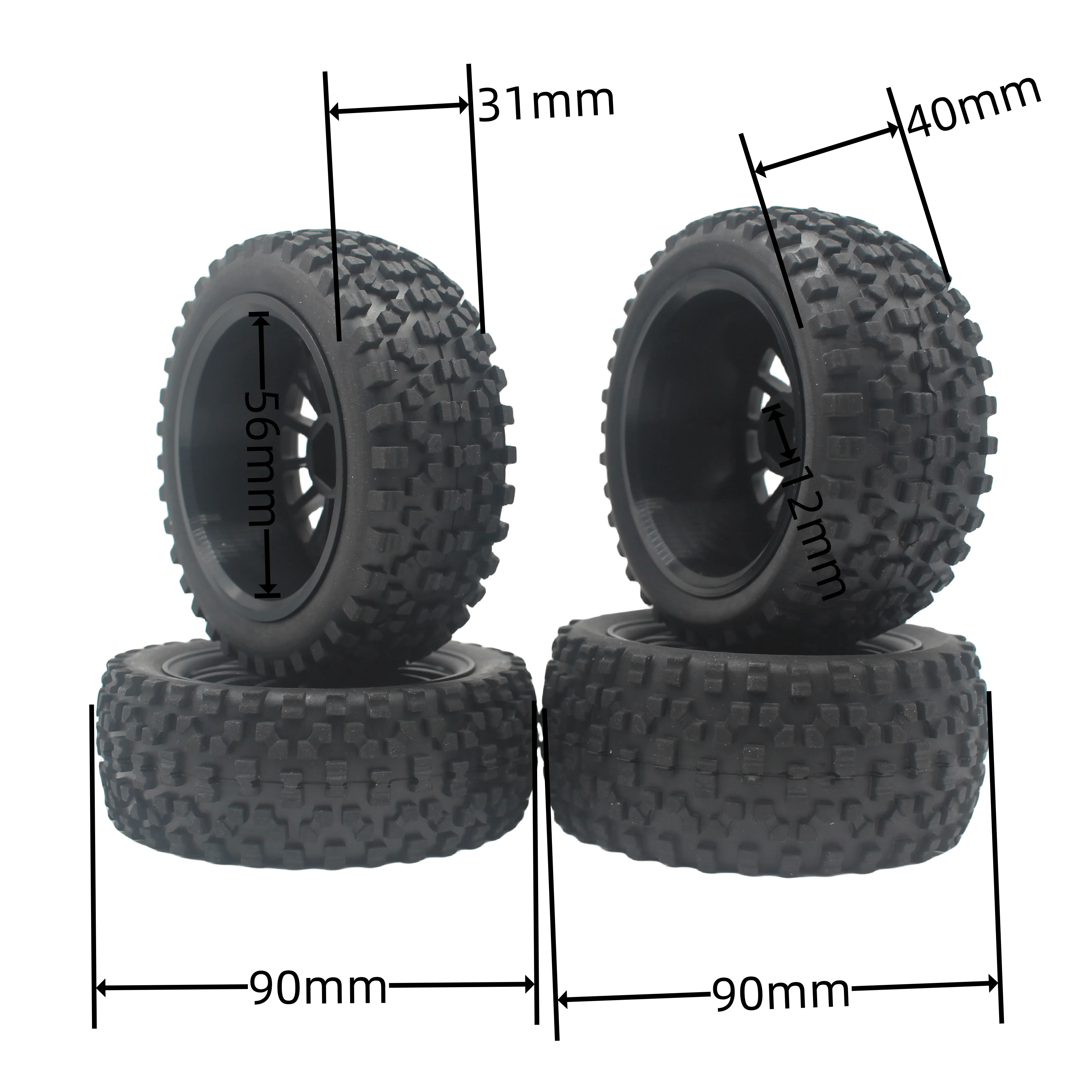 4pcs 1/10 Scale Buggy Off Road Tires Tyre Nylon Wheel for 1:10 4WD Buggy Tamiya Wltoys 144001 HSP 94107  Also For 1/12 1/14 1/16