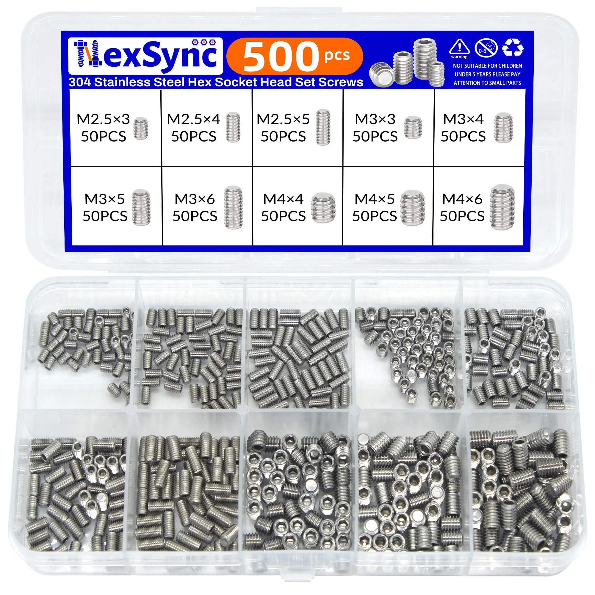 500pcs M2.5 M3 M4 DIN913 304 Stainless Steel Black Hex Hexagon Socket Allen Flat Point Grub Bolt Set Screw Kit Box