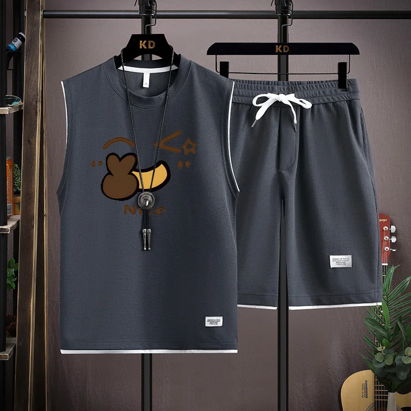 

Летний мужской повседневный спортивный комплект: свободный топ и шорты, жилет, футболка с коротким рукавом из полиэстера и спандекса