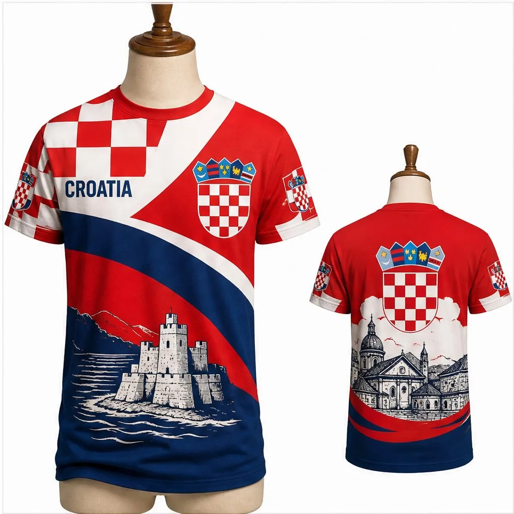 Mens Croatia Crest Castle Scenic Print Crew Neck Short Sleeve T Shirt Casual Summer Travel Streetwear Top for Daily Wear Outings