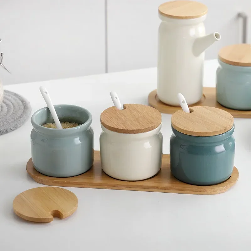 Ceramic Spice Rack Salt Shaker And Pepper Oil Bottle Set Kitchen Household Supplies For Spices Storage Jar With Cover