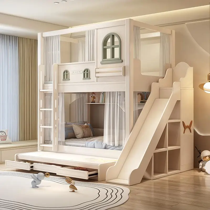 

Детская деревянная двухъярусная кровать в кремовом стиле, многофункциональная, для небольших квартир, комбинированная, с горкой