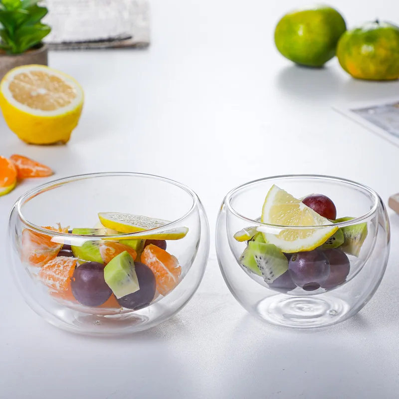 300ml\500ml Clear Double Layer Glass Bowl Heat-resistant Fruit Salad Bowl Kitchen Glassware Fruit Salad Bowl