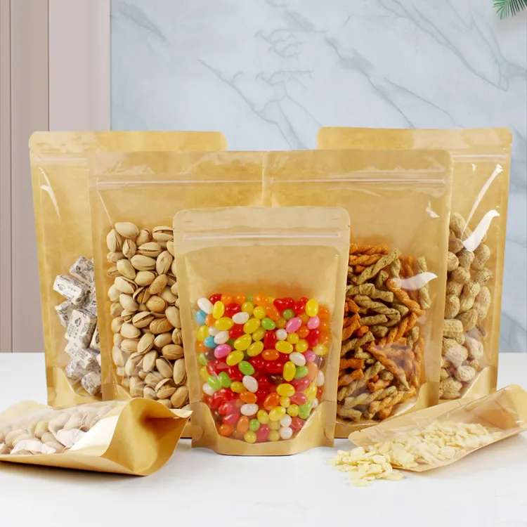 100PCS One Side Clear Stand Up Kraft Paper Ziplock Bag Resealable Snack Coffee Beaf Dates Chocolate Tea Gift Storage Pouches