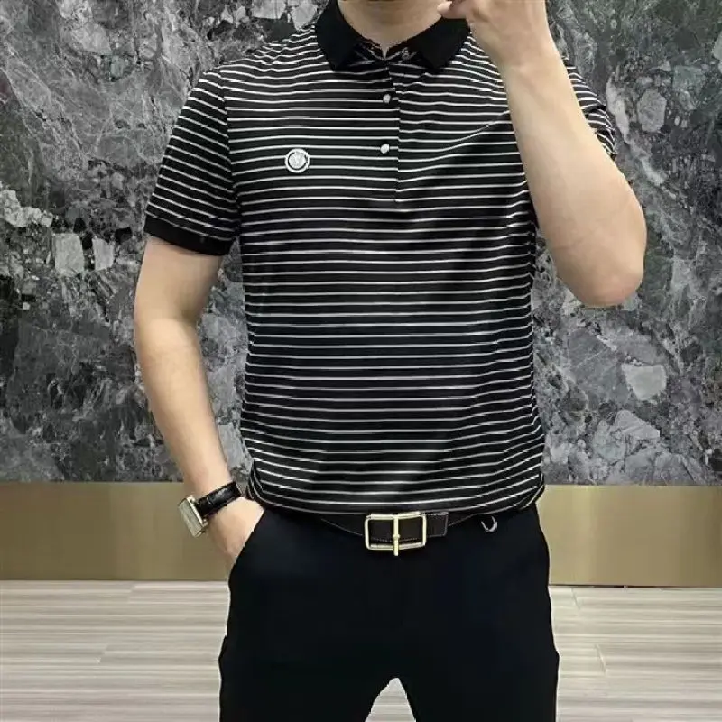 스트라이프 반팔 남성 폴로 셔츠, 남성 상의, 의류 버튼 자수 풀오버, 스트리트웨어 패션, 여름 신상, 2023