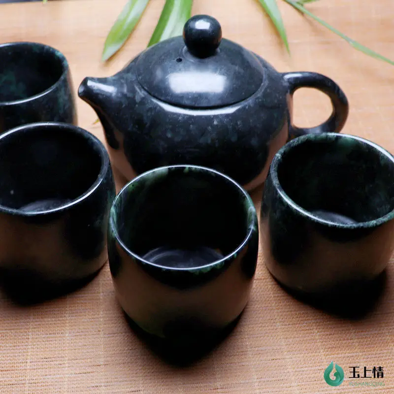 Natural Green Jade Teapot 4 Teacup Gongfu Teaware Chinese Tea Ceremony Hand Carved Jades Stone Tea Set With Teapots