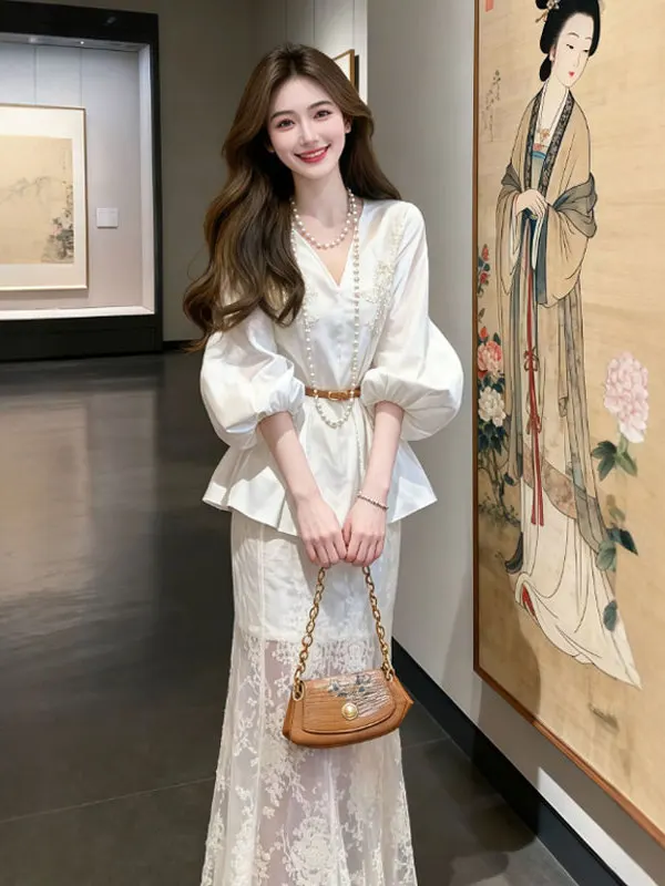 

Ele V-Ne Lace irt And High Waist Skirt Two-Piece Set Comfortable Soft Sle Long Sve Winter Faion Women's Outfit