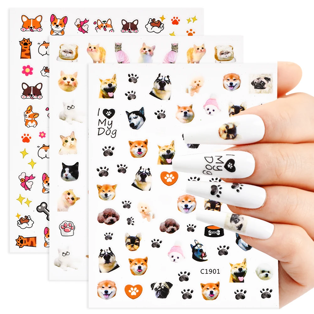 1Pcs Corgi Dog Nail Sticker 3D Animal Cartoon Scrawl Relief Self Adhesive Nail Art Stickers Cute Puppy Cat Y2K Nails Decals#