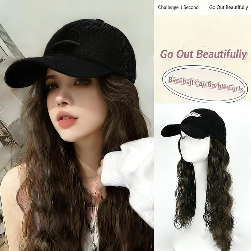 Long wave rolled black synthetic wig with adjustable baseball cap design suitable for daily wear
