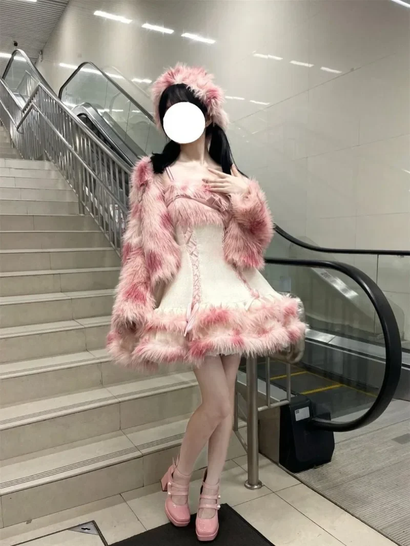 Japanische Süße Lolita Plüsch Fell Kurzen Mantel Rosa Kleid Zwei-stück Anzug Weibliche Winter Top Jacke Kawaii Slim Fit vestidos De Mujer