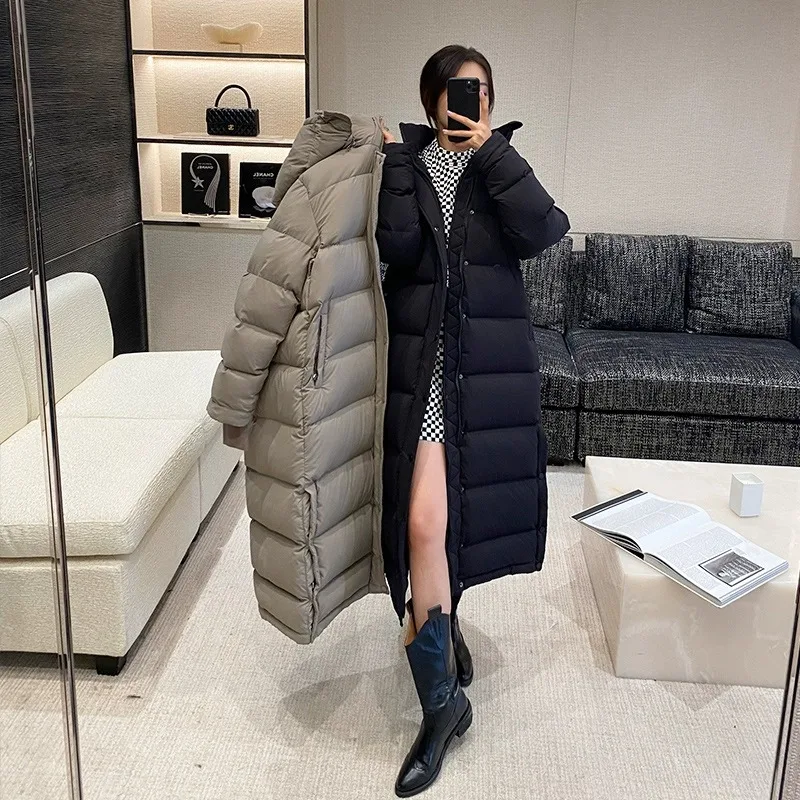 Goose Down Women's Mid Length 2024 New Style Thickened Warm Hooded Couple Winter Outfit Over the Knee Puff Down Jacket