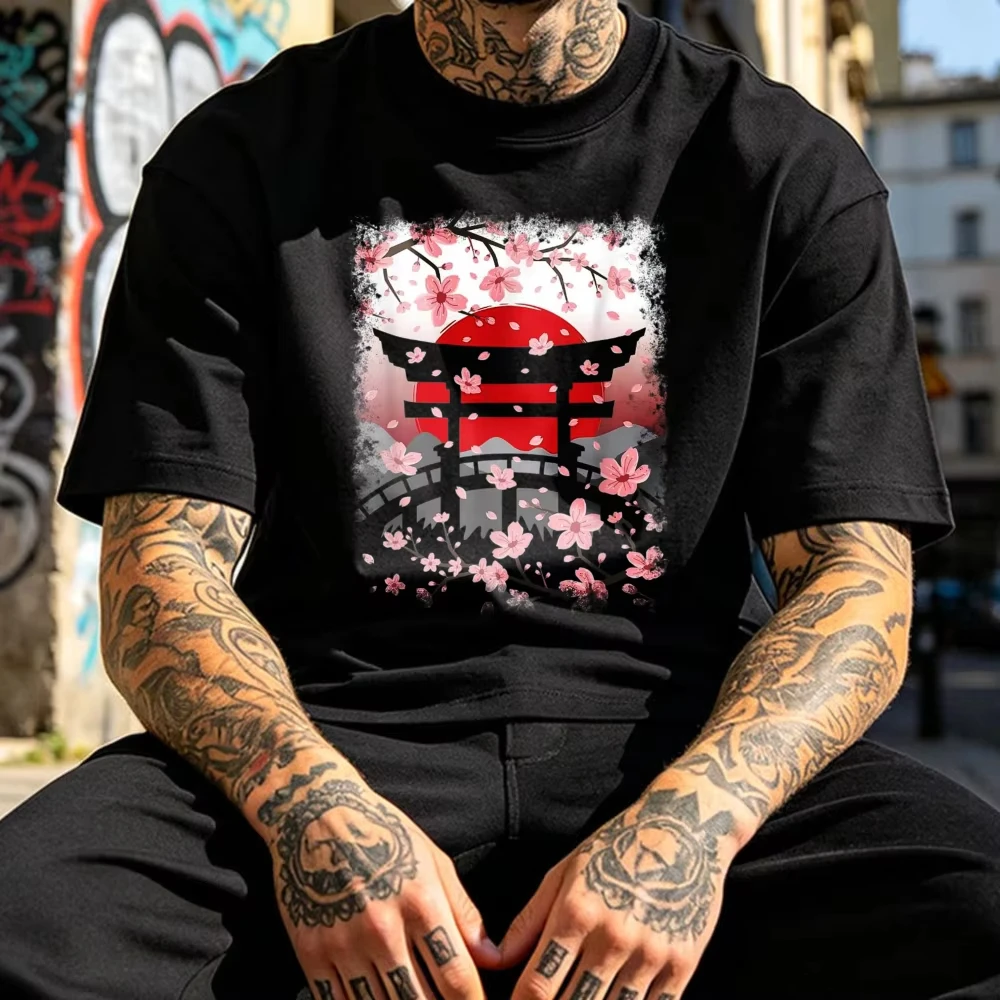 Japanese Sakura Art Cherry Blossom Vintage Japan Men Women T-Shirt Streetwear Graphic T Shirts Harajuku High Quality Cotton Tees