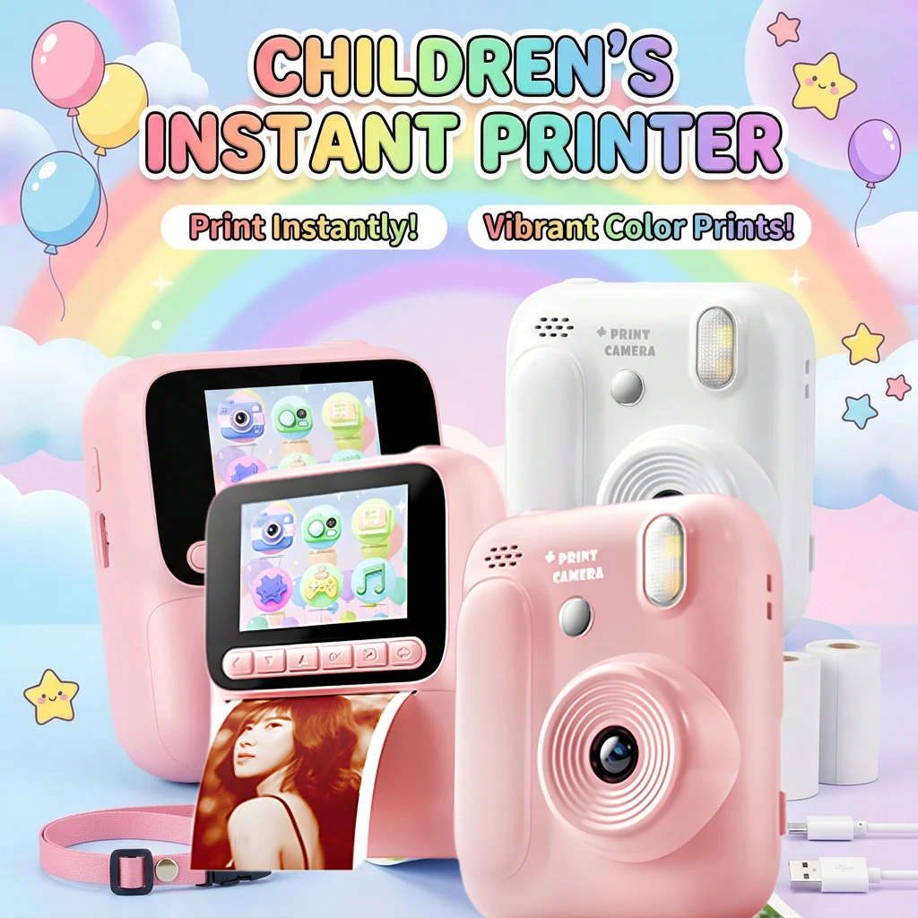 

Детская камера мгновенной печати с двумя объективами 1080P HD, 2 режима печати, 8-кратный зум, идеальный подарок на Хэллоуин и Рождество для мальчиков и девочек, аккумулятор 1300 мАч