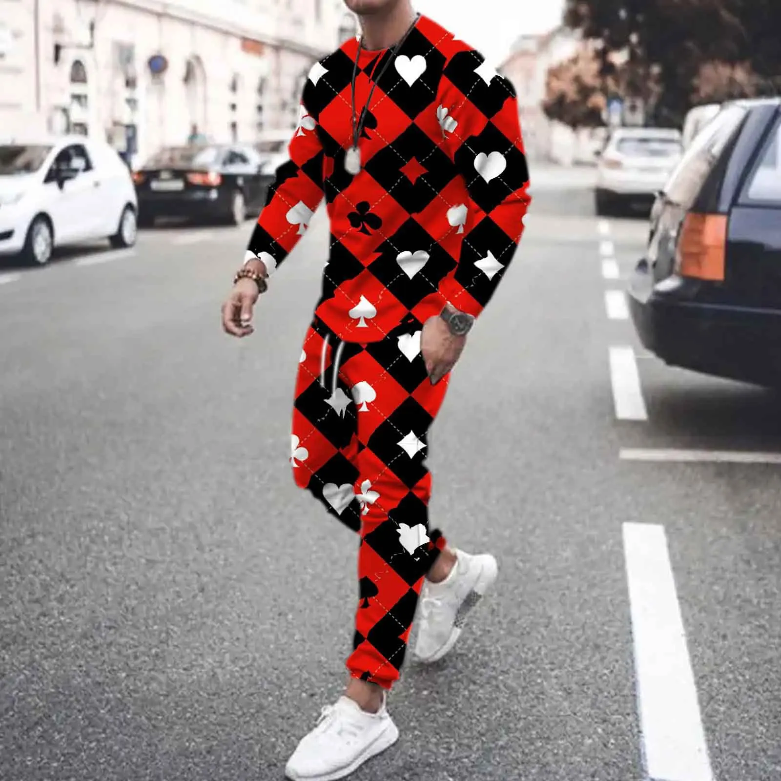 Black Red Block Poker Men Sports T-Shirts Sets 3D Print Long Sleeve Tee Pants Suit Fashion Street Men's Clothing 2Pcs Jogger Set