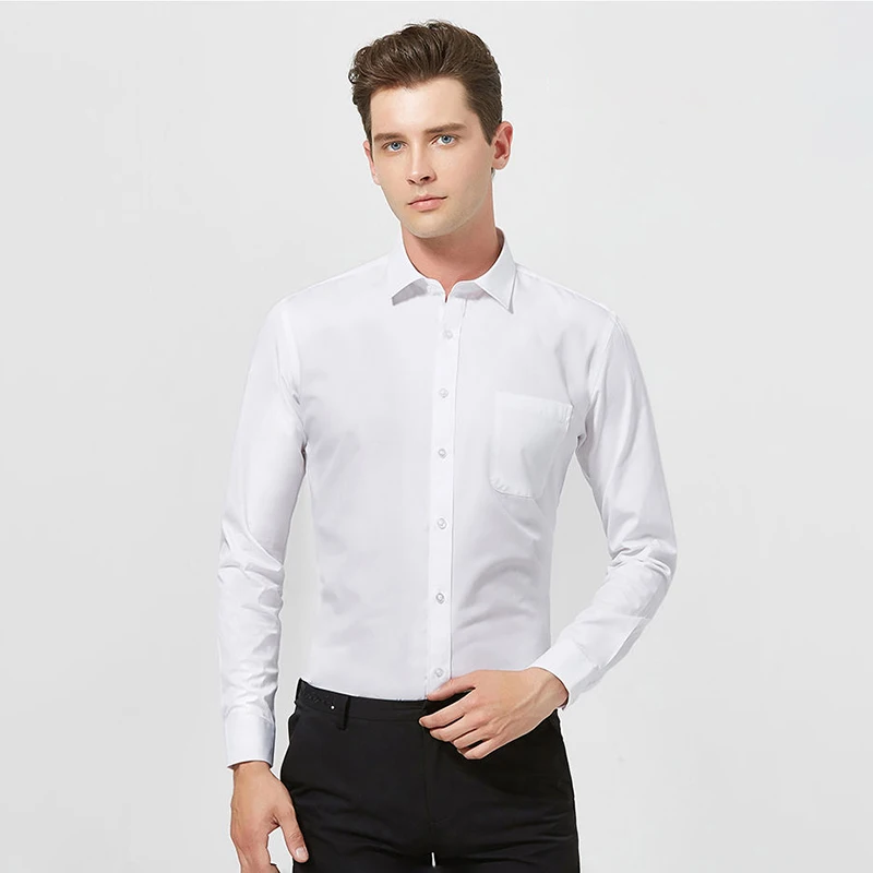 Plus Size Men Business Formal Dress Shirt Long / Short Sleeve Regular Fit Solid Male Casual Social Office Wedding Shirts White