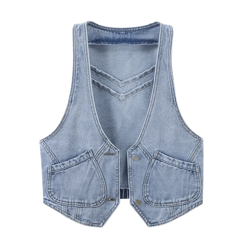 レディースデニムベスト 春秋 スリムフィット ジャケット風 コットンポリエステル混紡 取り外し可能なキャップデザイン