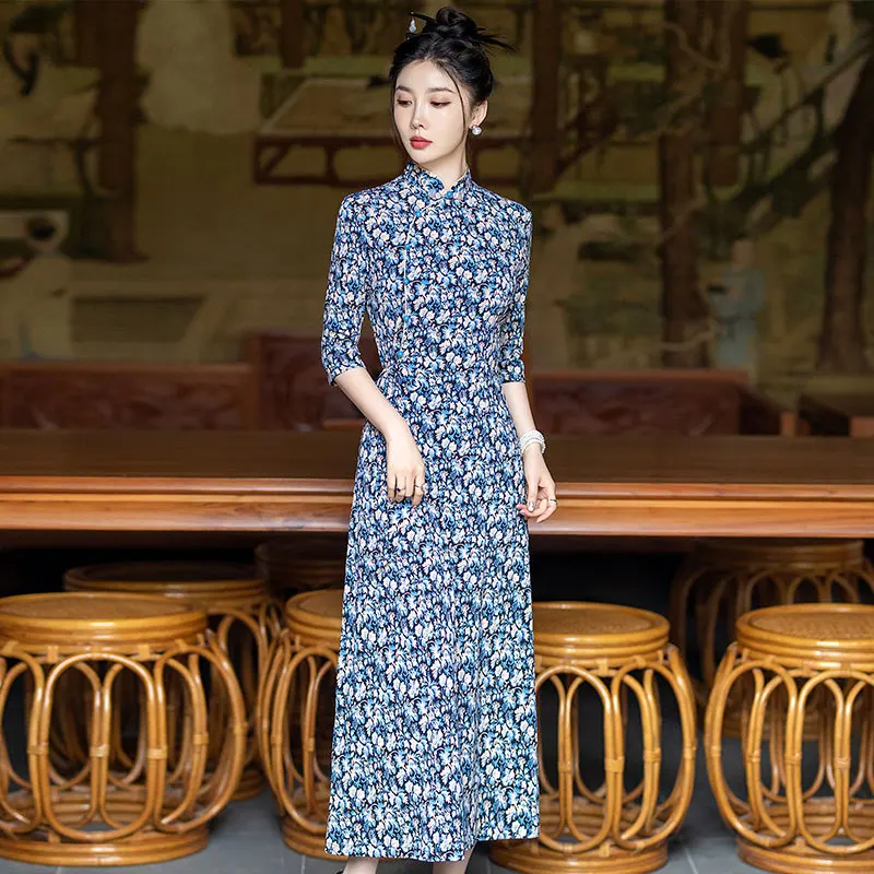 Chinese Trational Print A-Line Cheongsams Three Quarter Sleeve Qipao Vintage Oriental Wedding Party Women Dress