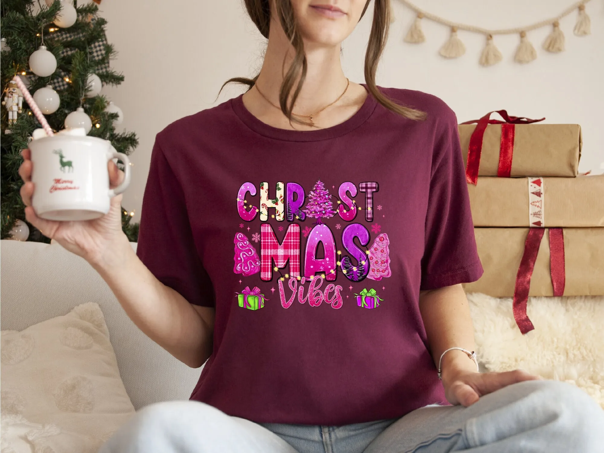 Christmas Vibes T Shirt Tree Merry Pink Apparel