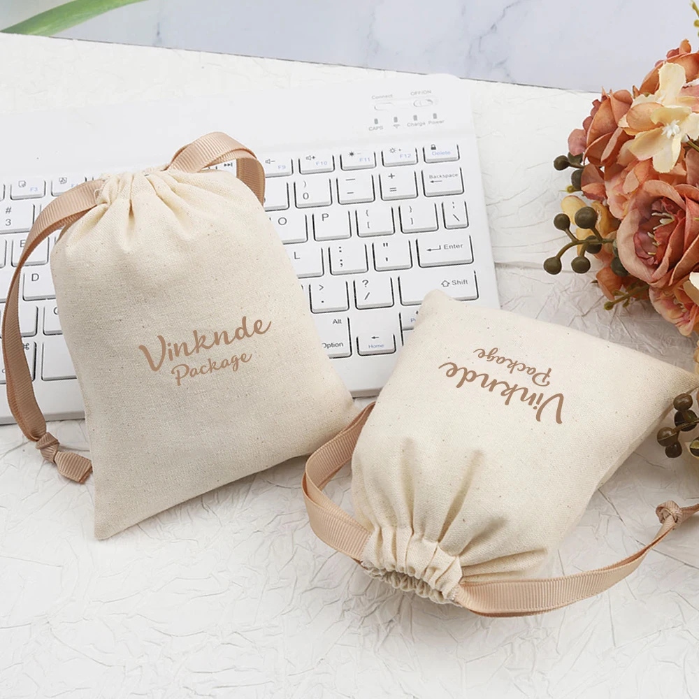 

Personalized Logo Muslin Jewelry Bag Baptism Wedding Favors Gift Pouch Cotton Canvas Sachets With Ribbon Drawstring Packaging