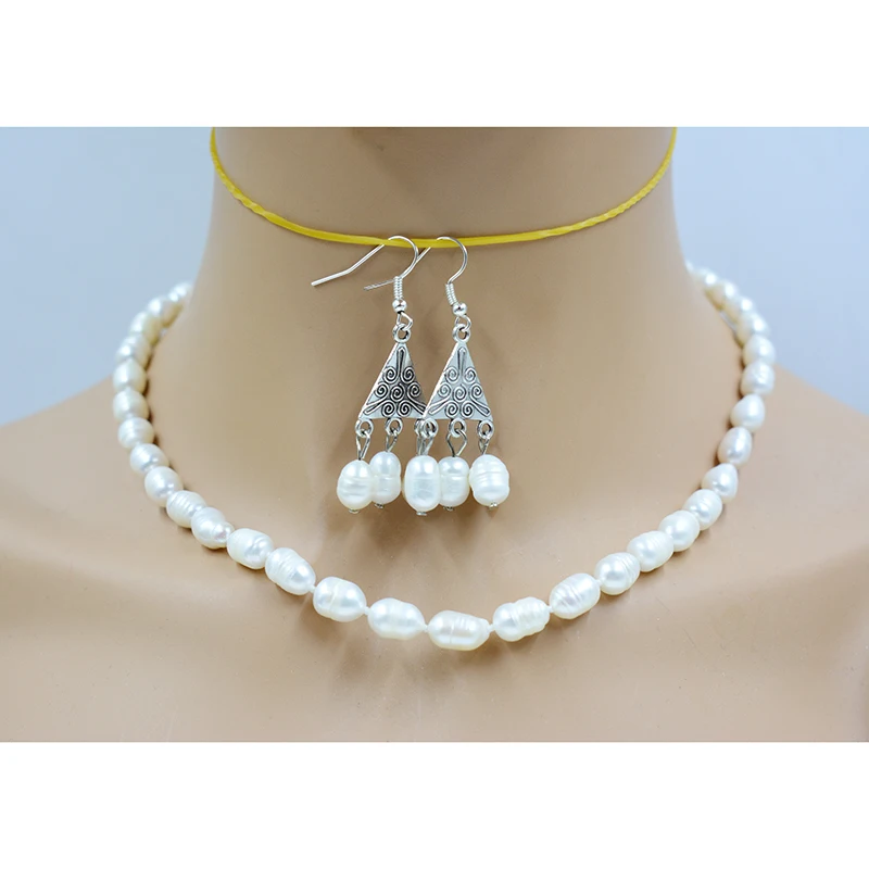 Wholesale 20 strands 7-8MM natural deep thread white beige shaped pearl necklace/earring set 18”