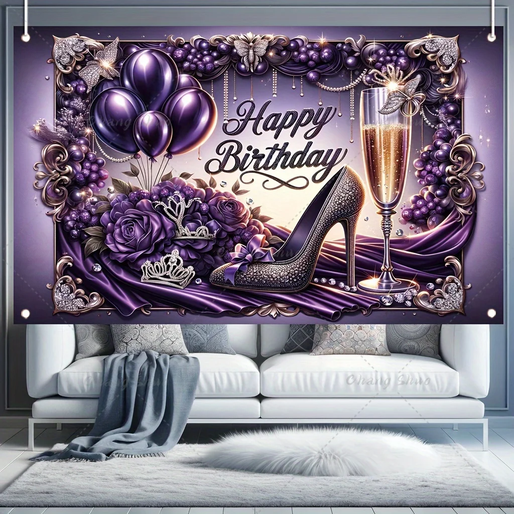 Laeacco Glitter Purple Black Happy Birthday Backdrop Ring Dimonds Glitter Balloons Women Girls Portrait Photography Background