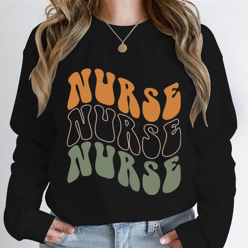 Nurse Retro Wavy Text Graphic Sweatshirt Women Registered Nurse Gift Fashion Casual Hoodie Trendy Nurse Design Autumn Sweatshirt