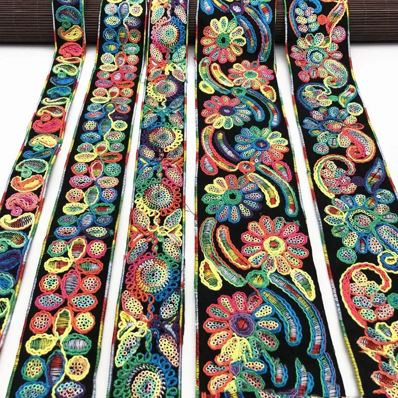 Embroidered Lace Trims with Sequins, Ethnic Ribbon, Webbing Tapes for Clothes Shoes Decor DIY Sewing, Jacquard Applique, 1 Yards