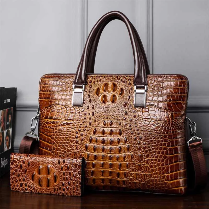 Genuine leather crocodile print briefcase men's Handbag One Shoulder bag double zipper suitcase head layer cowhide computer bag