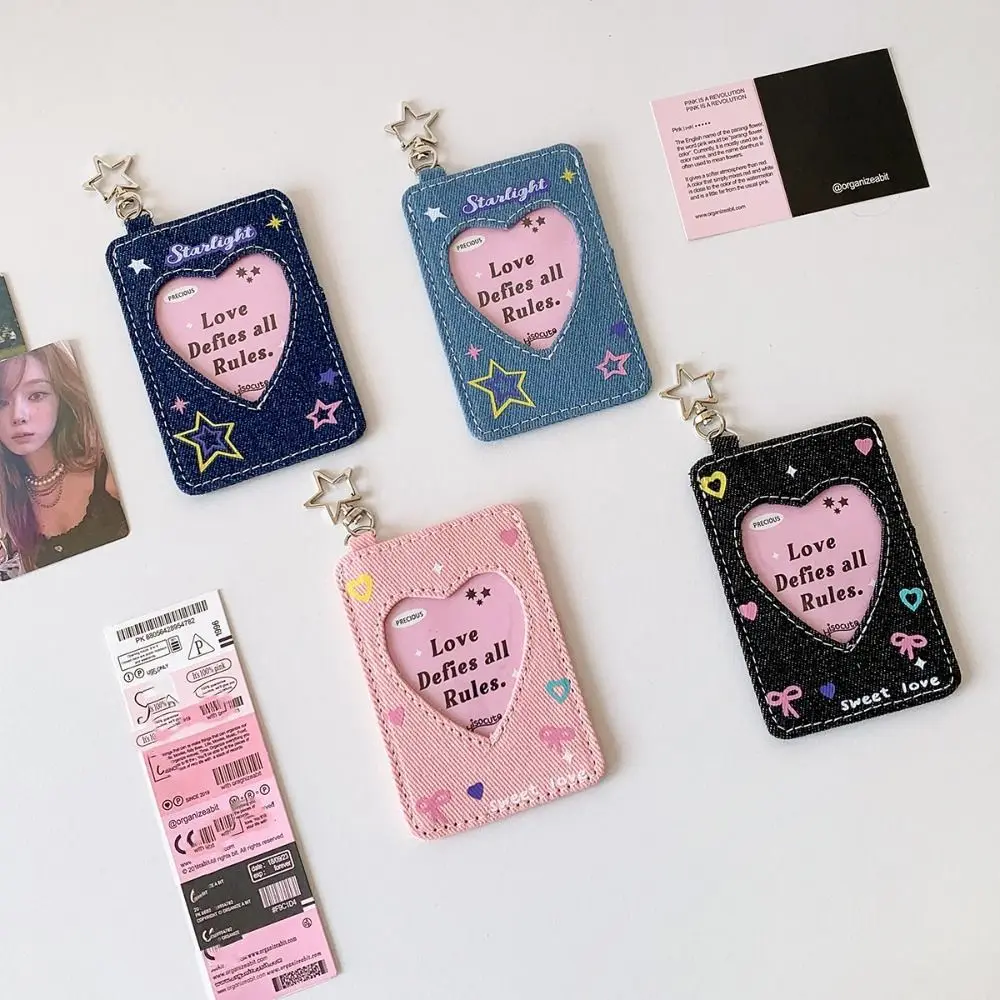 Kawaii Y2k الدنيم حامل البطاقة ستار على ظهره حقيبة للحمل قلادة المفاتيح الحب القلب قلادة بطاقة حقيبة التخزين السيدات