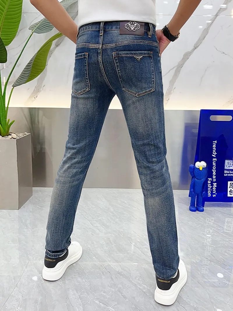 

Slim Fit Men's Denim Jeans Pure Color Small Foot Elastic Casual Long Pants Autumn Faion Breathable Youthful Water Waed