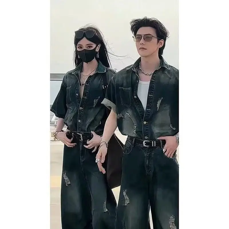 

Fashionable Korean Hong Kong Style Street Trend Casual Hole Patchwork Denim Set Men Women College Short Sleeve Shirt Shorts