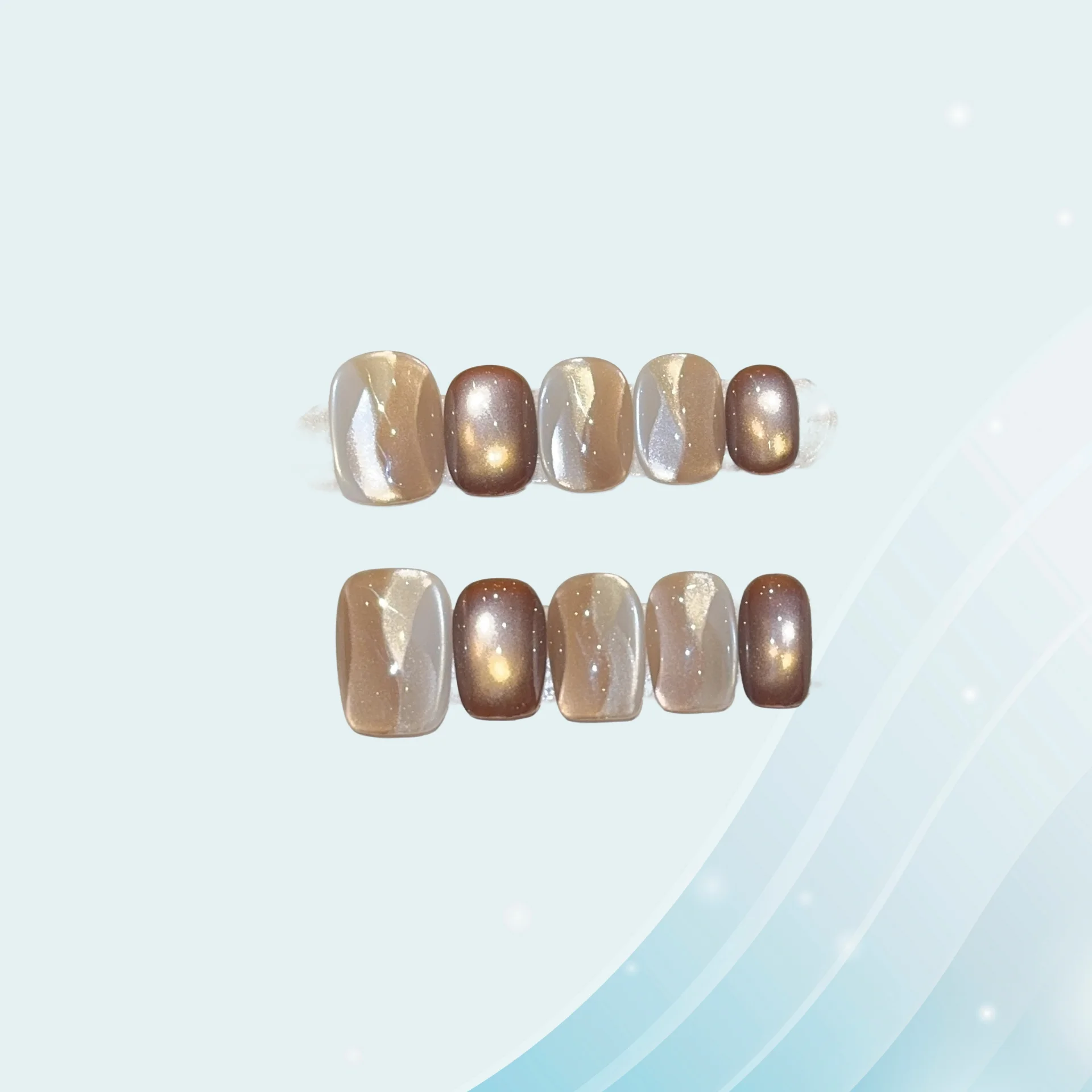 

10 шт., короткие лестничные ногти ручной работы, серебристо-коричневые атласные ногти для женщин и девочек, кошачий глаз, полное покрытие, типсы для ногтей, повседневная одежда