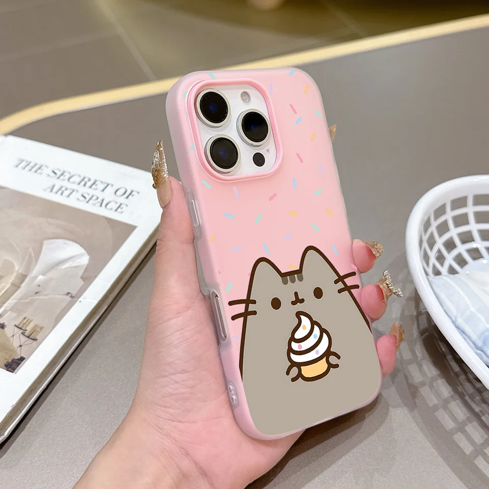 Funda de Silicona Mate 2 en 1 con Gato P-Pusheens para iPhone 17 Air 16e 16 15 14 13 Plus 12 11 Pro X XR Max 3