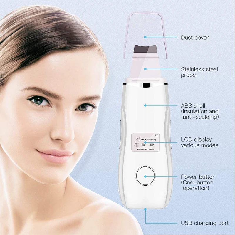 Hot Sale Face Massage Machine Skin Scrubber Facial Spatula Electric Dermabrasion Ultrasonic Ion Skin Scrubber