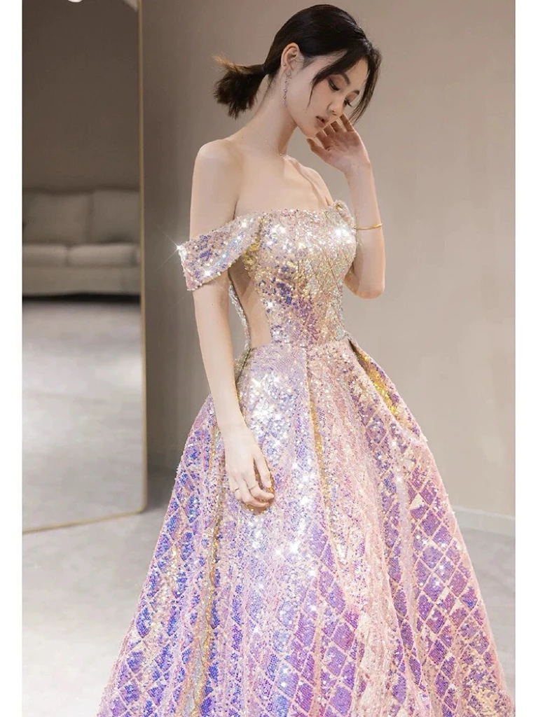 Shiny Pink Sequins Prom Dresses Boat Neck Off The Shoulder A-line Bling Bling Chapel Train Woman Celebrity Evening Gowns 2024