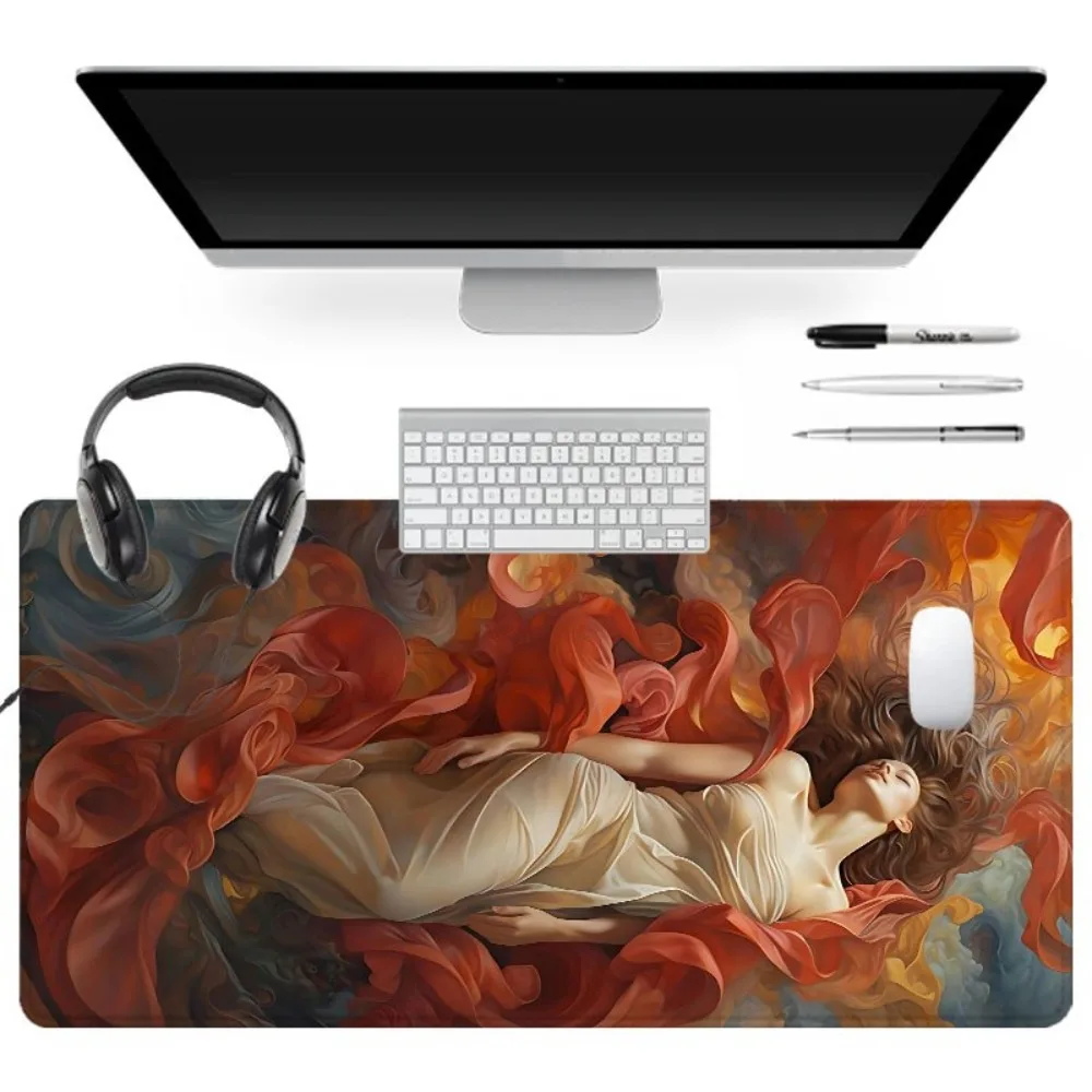 Art Woman Red Cloth Large Mouse Pad, Extended Gaming Desk Mat, Non-Slip Rubber Base, Aesthetic Office Desk Pad for PC Laptop
