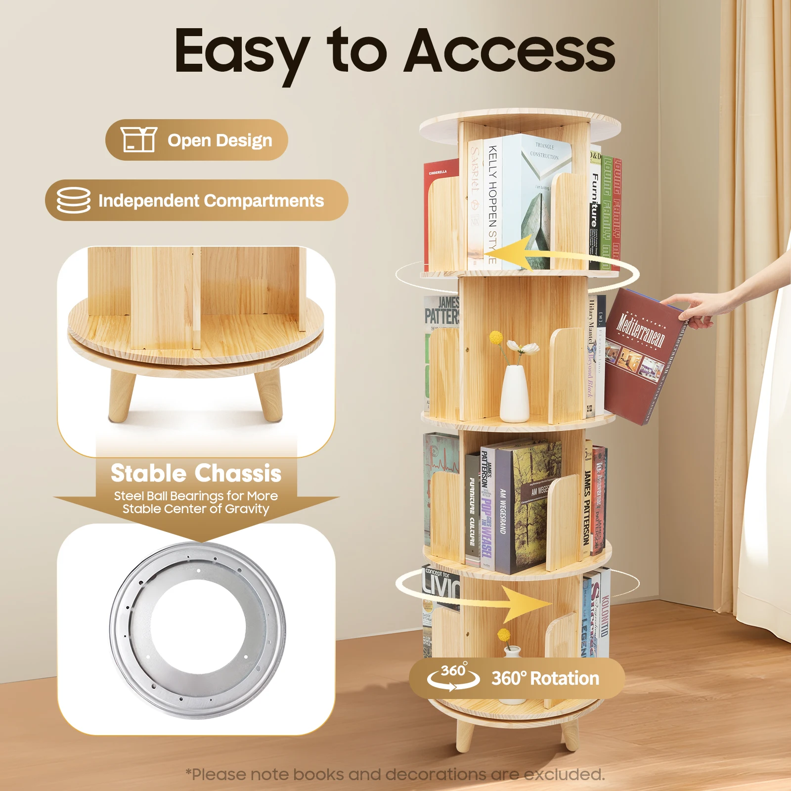 

Rotating Bookshelf 360 Display 4 Tier Floor Standing Bookcase Organizer Solid Wood Bookshelf W/Legs for Office Home Living Room