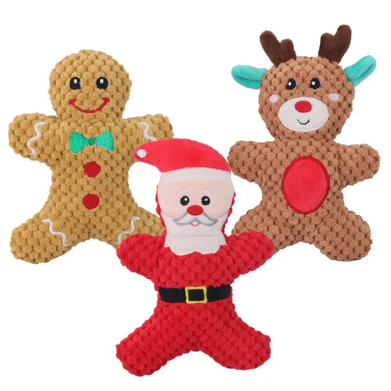 Xmas Pet Dog Plush Chew Toy Santa Elk Gingerbread Man Donut Cat Dog Christmas Series Cartoon Dog Toy Plush Squeak Toy Cookies