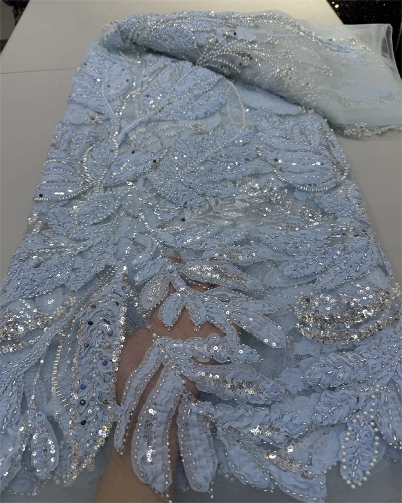 2025년 고품질 프랑스 3D 플라워 스팽글 자수 비즈 튤 레이스 원단 (아프리카 레이스 원단) 파티 드레스용