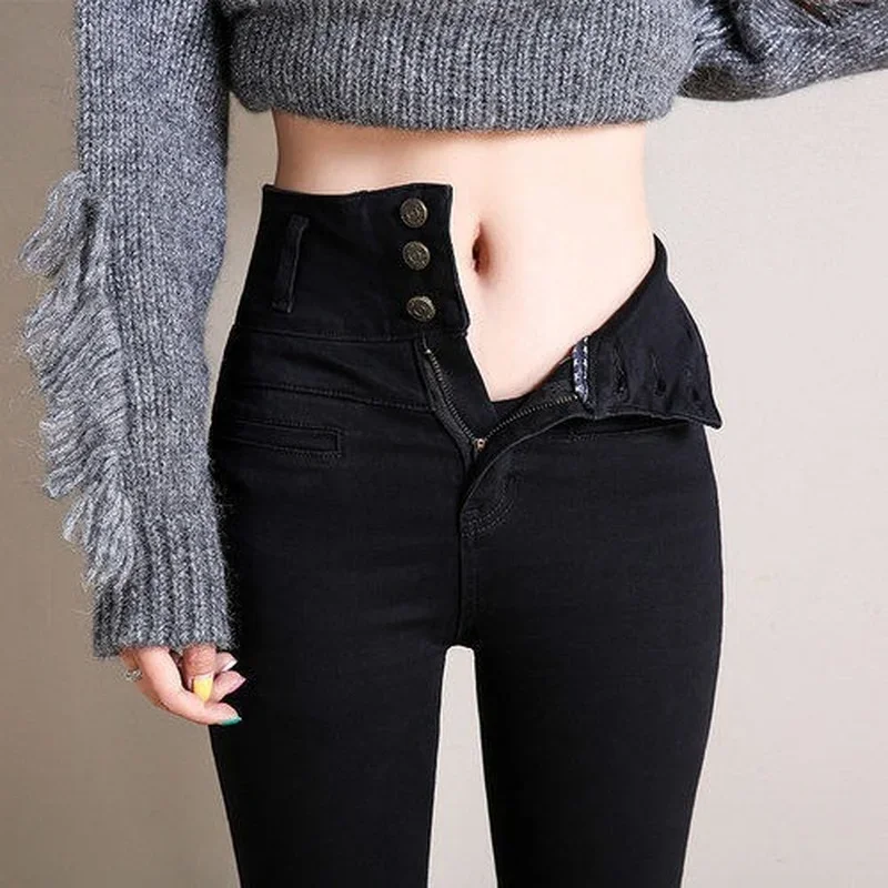 High Waist Velvet Thick Jeans Female Winter 2024 Skinny Stretch Warm Jeans Women Pants Black Denim Trousers 5XL X379