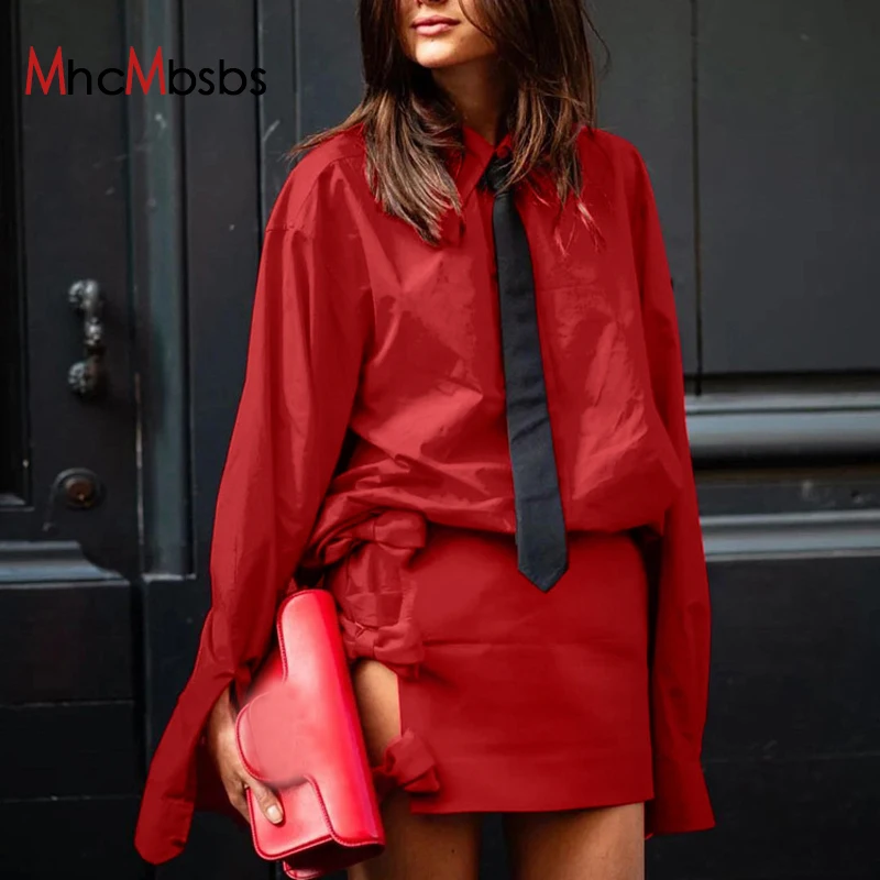 

Two Piece Set Women Wine Red Outfits Casual Long Sleeve Shirt+High Waist Cut Out Mini Skirts 2025 Spring Summer Y2K Clothes