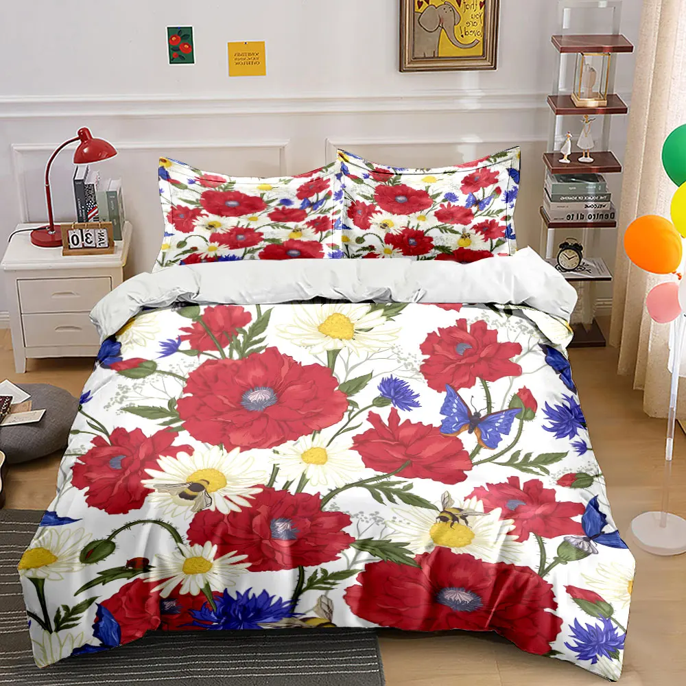 Red flowers with insects surrounding Bedding Set for Kids Luxury Gift 3pcs Digital Print Comforter Set Soft Comfortable