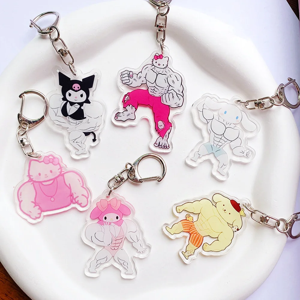 Sanrio Keychain Cartoon Muscle funny Kuromi Cinnamoroll Keychains Acrylic Hello Kitty Backpack Pendant Car Keyring Kid Toy GIift